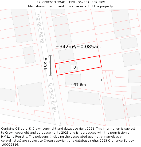 12, GORDON ROAD, LEIGH-ON-SEA, SS9 3PW: Plot and title map