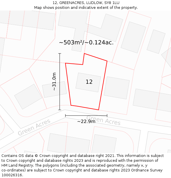 12, GREENACRES, LUDLOW, SY8 1LU: Plot and title map