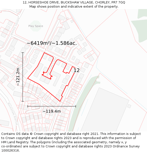 12, HORSESHOE DRIVE, BUCKSHAW VILLAGE, CHORLEY, PR7 7GQ: Plot and title map