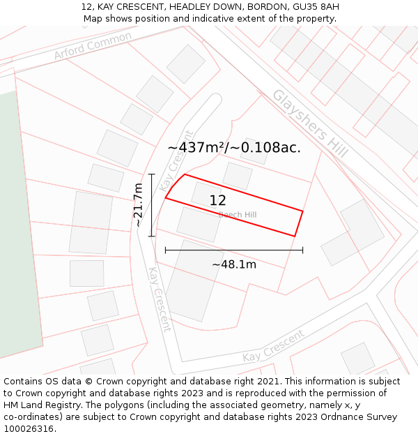 12, KAY CRESCENT, HEADLEY DOWN, BORDON, GU35 8AH: Plot and title map