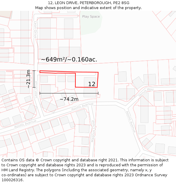 12, LEON DRIVE, PETERBOROUGH, PE2 8SG: Plot and title map