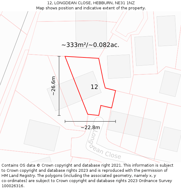 12, LONGDEAN CLOSE, HEBBURN, NE31 1NZ: Plot and title map