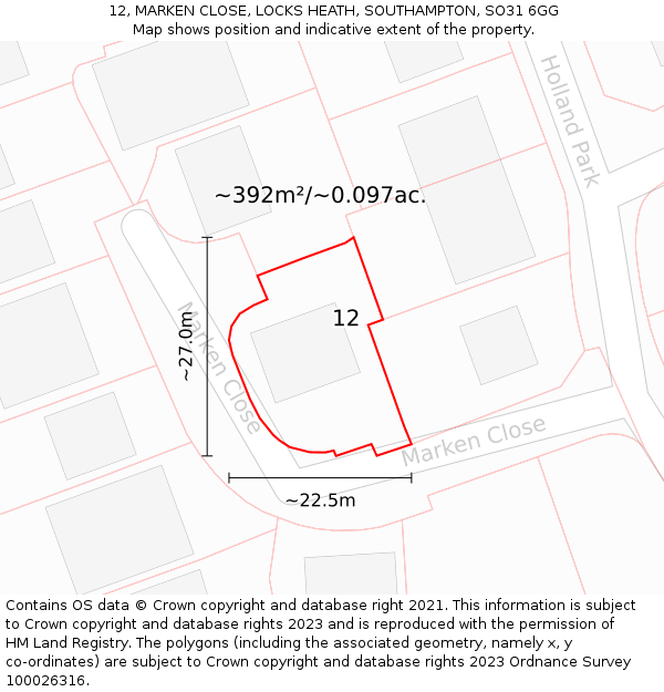 12, MARKEN CLOSE, LOCKS HEATH, SOUTHAMPTON, SO31 6GG: Plot and title map