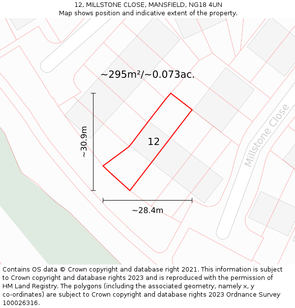 12, MILLSTONE CLOSE, MANSFIELD, NG18 4UN: Plot and title map