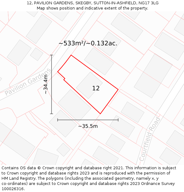 12, PAVILION GARDENS, SKEGBY, SUTTON-IN-ASHFIELD, NG17 3LG: Plot and title map