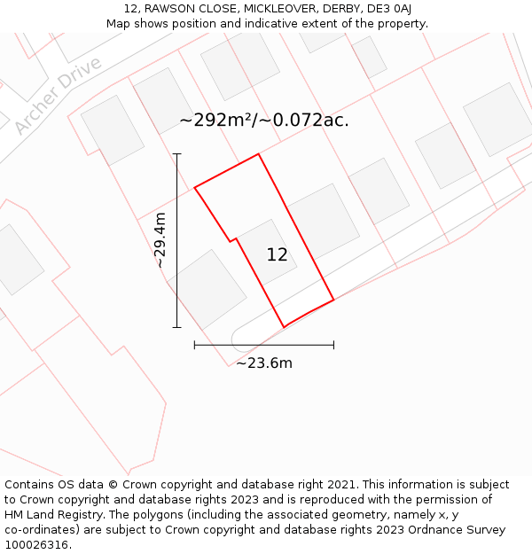 12, RAWSON CLOSE, MICKLEOVER, DERBY, DE3 0AJ: Plot and title map