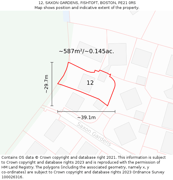 12, SAXON GARDENS, FISHTOFT, BOSTON, PE21 0RS: Plot and title map