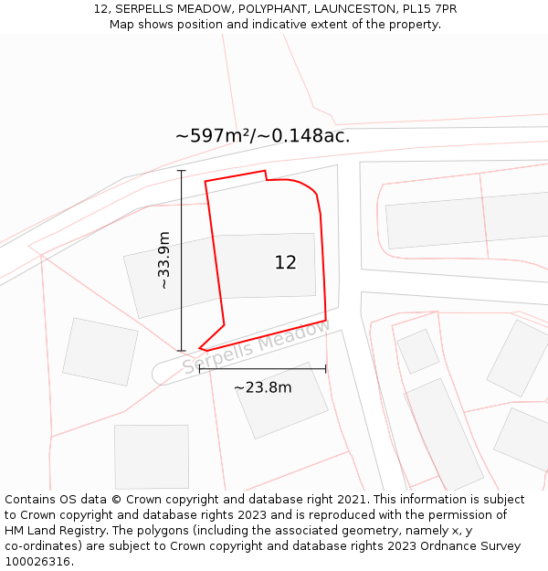 12, SERPELLS MEADOW, POLYPHANT, LAUNCESTON, PL15 7PR: Plot and title map