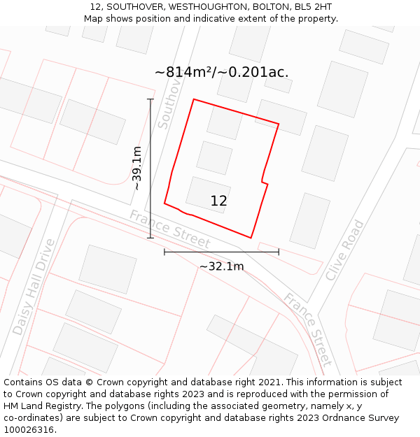 12, SOUTHOVER, WESTHOUGHTON, BOLTON, BL5 2HT: Plot and title map