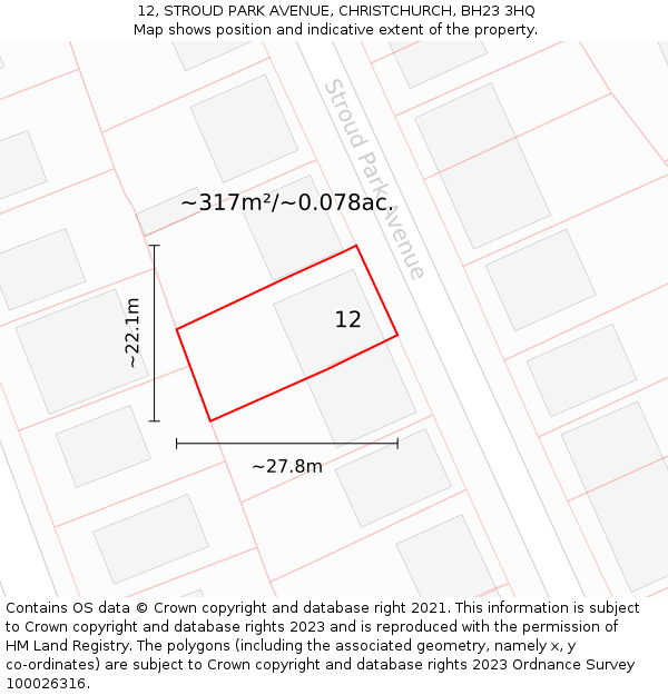 12, STROUD PARK AVENUE, CHRISTCHURCH, BH23 3HQ: Plot and title map