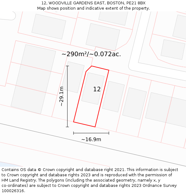 12, WOODVILLE GARDENS EAST, BOSTON, PE21 8BX: Plot and title map