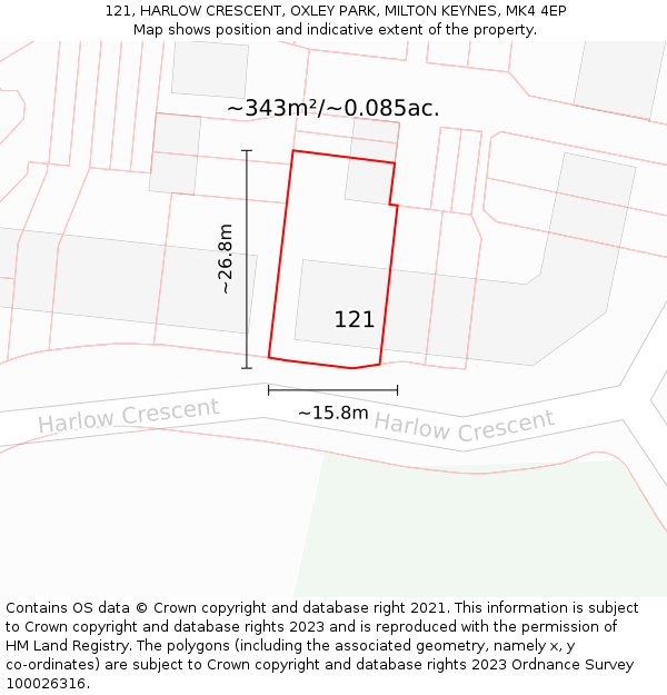 121, HARLOW CRESCENT, OXLEY PARK, MILTON KEYNES, MK4 4EP: Plot and title map