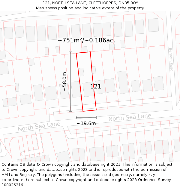 121, NORTH SEA LANE, CLEETHORPES, DN35 0QY: Plot and title map