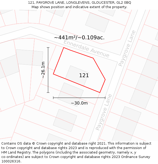 121, PAYGROVE LANE, LONGLEVENS, GLOUCESTER, GL2 0BQ: Plot and title map