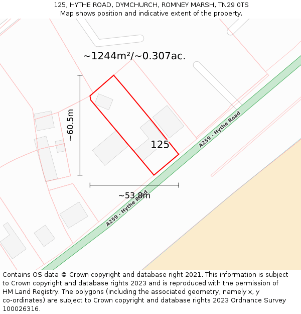 125, HYTHE ROAD, DYMCHURCH, ROMNEY MARSH, TN29 0TS: Plot and title map