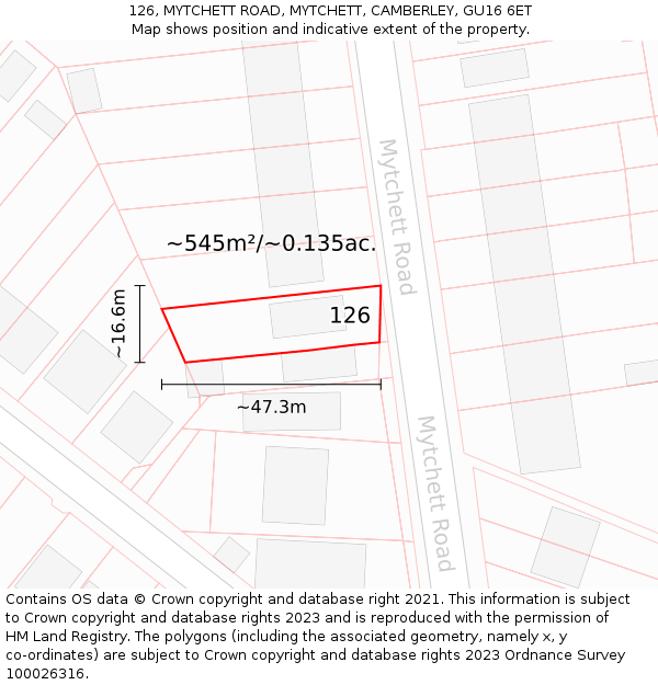 126, MYTCHETT ROAD, MYTCHETT, CAMBERLEY, GU16 6ET: Plot and title map