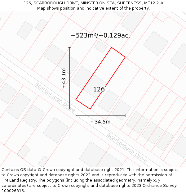 126, SCARBOROUGH DRIVE, MINSTER ON SEA, SHEERNESS, ME12 2LX: Plot and title map