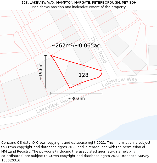 128, LAKEVIEW WAY, HAMPTON HARGATE, PETERBOROUGH, PE7 8DH: Plot and title map