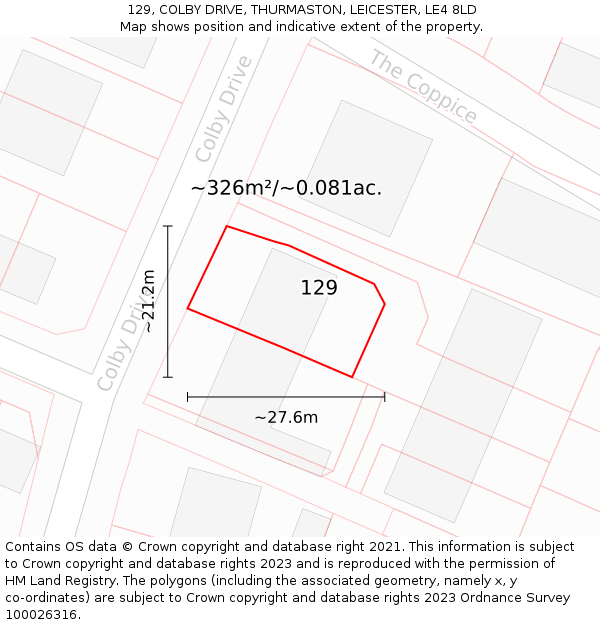 129, COLBY DRIVE, THURMASTON, LEICESTER, LE4 8LD: Plot and title map