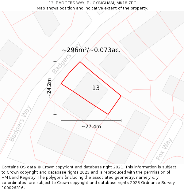 13, BADGERS WAY, BUCKINGHAM, MK18 7EG: Plot and title map