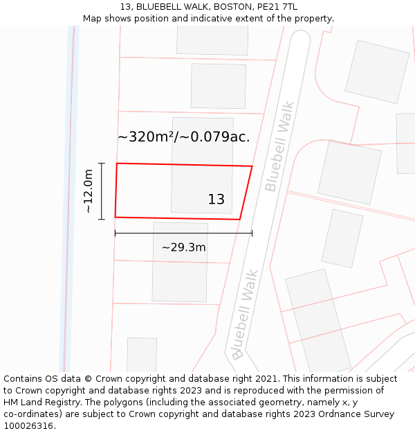 13, BLUEBELL WALK, BOSTON, PE21 7TL: Plot and title map