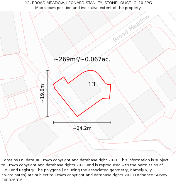 13, BROAD MEADOW, LEONARD STANLEY, STONEHOUSE, GL10 3PG: Plot and title map