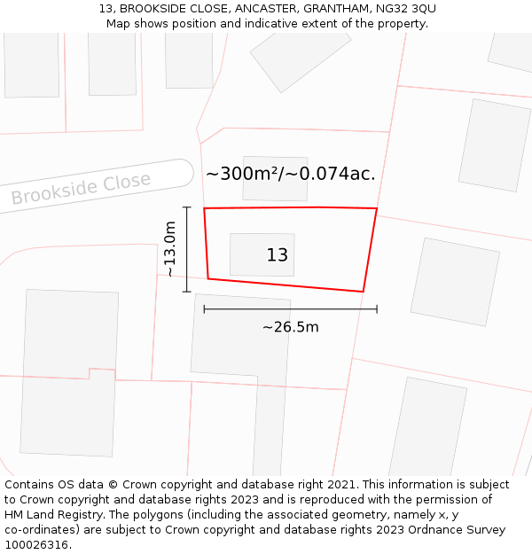 13, BROOKSIDE CLOSE, ANCASTER, GRANTHAM, NG32 3QU: Plot and title map