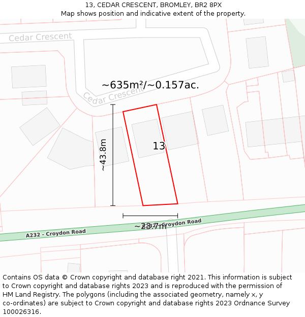 13, CEDAR CRESCENT, BROMLEY, BR2 8PX: Plot and title map