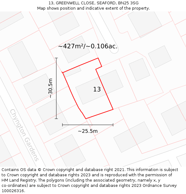 13, GREENWELL CLOSE, SEAFORD, BN25 3SG: Plot and title map