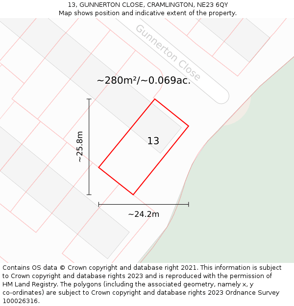 13, GUNNERTON CLOSE, CRAMLINGTON, NE23 6QY: Plot and title map