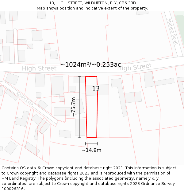 13, HIGH STREET, WILBURTON, ELY, CB6 3RB: Plot and title map