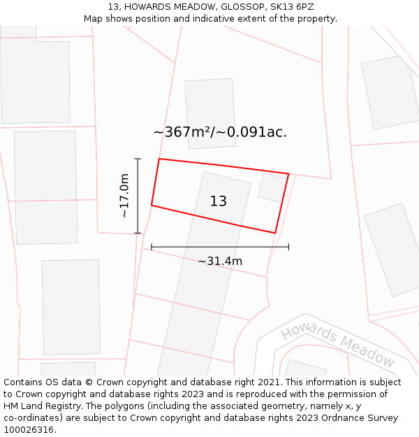 13, HOWARDS MEADOW, GLOSSOP, SK13 6PZ: Plot and title map