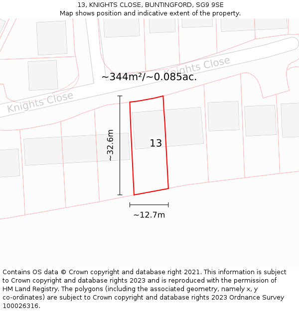 13, KNIGHTS CLOSE, BUNTINGFORD, SG9 9SE: Plot and title map