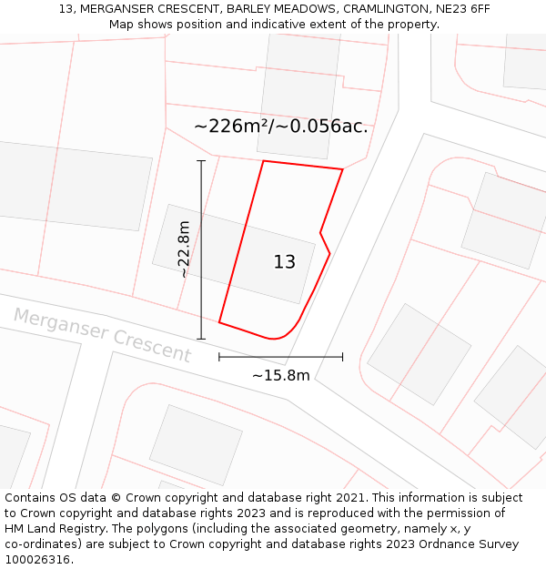 13, MERGANSER CRESCENT, BARLEY MEADOWS, CRAMLINGTON, NE23 6FF: Plot and title map