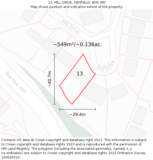 13, MILL DRIVE, HENFIELD, BN5 9RY: Plot and title map