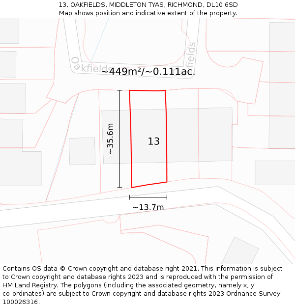 13, OAKFIELDS, MIDDLETON TYAS, RICHMOND, DL10 6SD: Plot and title map