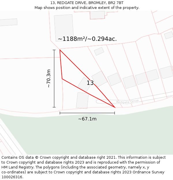 13, REDGATE DRIVE, BROMLEY, BR2 7BT: Plot and title map