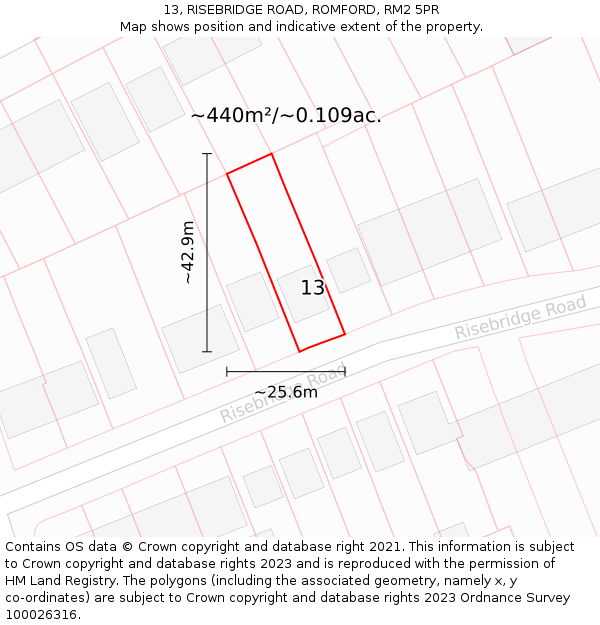 13, RISEBRIDGE ROAD, ROMFORD, RM2 5PR: Plot and title map