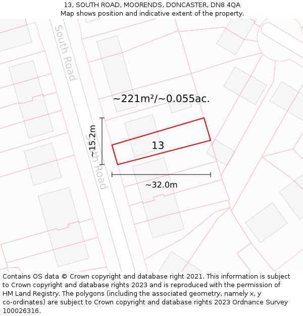 13, SOUTH ROAD, MOORENDS, DONCASTER, DN8 4QA: Plot and title map