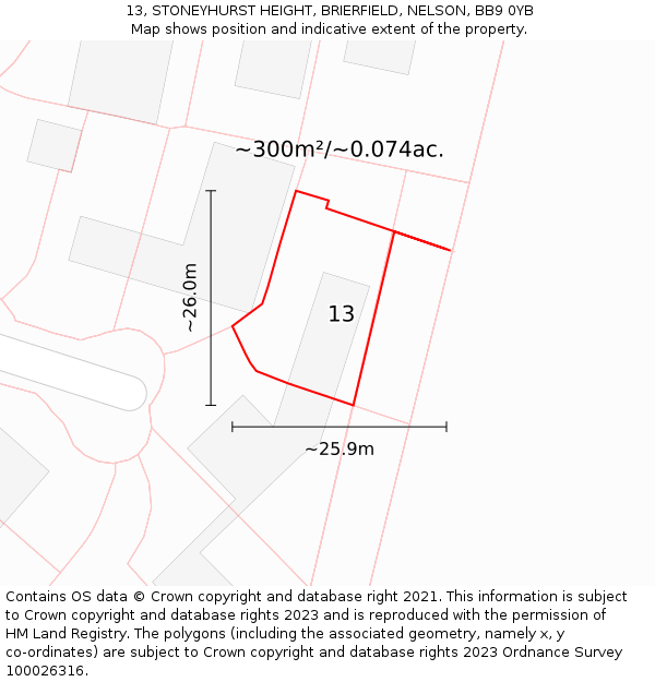 13, STONEYHURST HEIGHT, BRIERFIELD, NELSON, BB9 0YB: Plot and title map