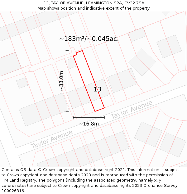 13, TAYLOR AVENUE, LEAMINGTON SPA, CV32 7SA: Plot and title map