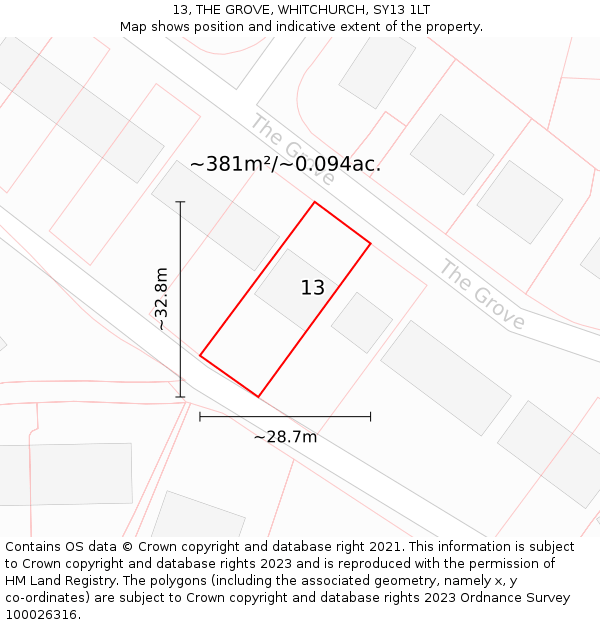 13, THE GROVE, WHITCHURCH, SY13 1LT: Plot and title map