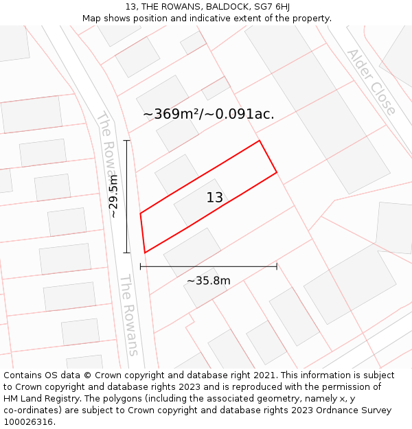 13, THE ROWANS, BALDOCK, SG7 6HJ: Plot and title map