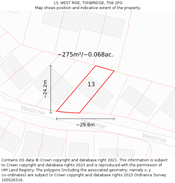 13, WEST RISE, TONBRIDGE, TN9 2PG: Plot and title map