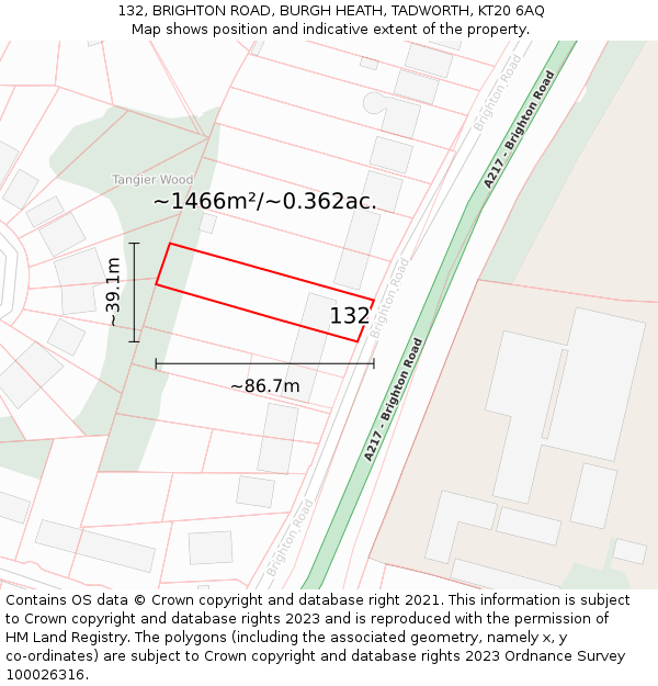 132, BRIGHTON ROAD, BURGH HEATH, TADWORTH, KT20 6AQ: Plot and title map