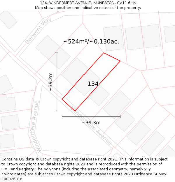 134, WINDERMERE AVENUE, NUNEATON, CV11 6HN: Plot and title map