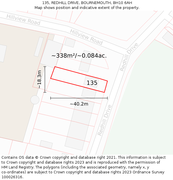 135, REDHILL DRIVE, BOURNEMOUTH, BH10 6AH: Plot and title map