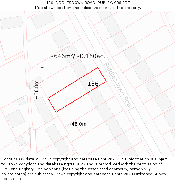 136, RIDDLESDOWN ROAD, PURLEY, CR8 1DE: Plot and title map