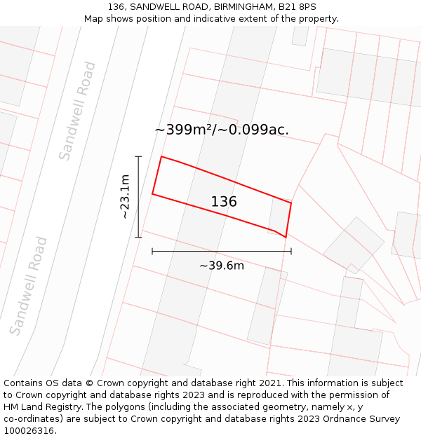 136, SANDWELL ROAD, BIRMINGHAM, B21 8PS: Plot and title map