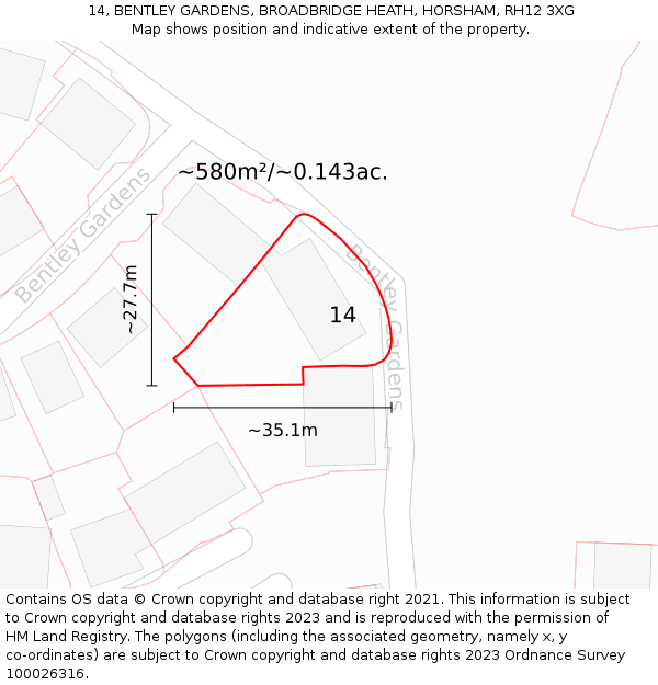 14, BENTLEY GARDENS, BROADBRIDGE HEATH, HORSHAM, RH12 3XG: Plot and title map